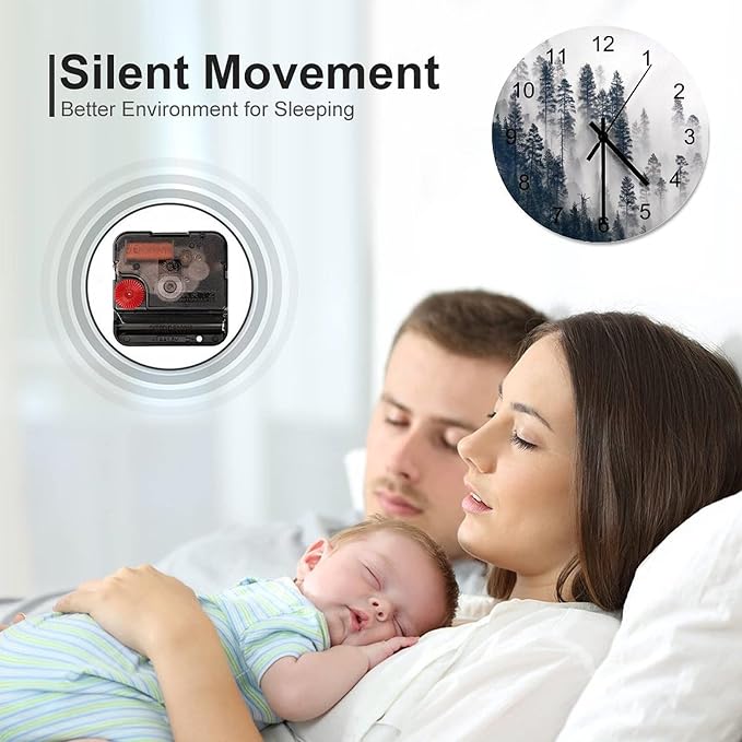Scenic Nature Wall Clock, Mountain Misty Forest Tree Landscape Foggy Woodland Scenery Round Clocks Wall Decor Silent No Ticking 12 Inch Wooden Clock for Bedroom Living Room Home Office