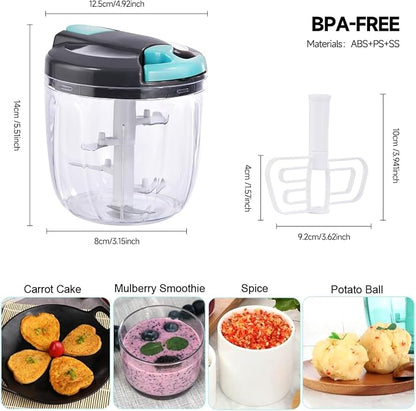 Manual Food Processor Vegetable Chopper, Portable Hand Pull String Garlic Mincer Onion Cutter for Veggies, Ginger, Fruits, Nuts, Herbs, etc., （900ml,Gray-blue）
