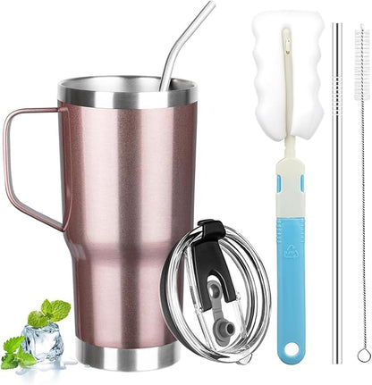 20 oz Tumbler with Handle, Stainless Steel Insulated Tumbler with Lid and Straw, Double Wall Vacuum Coffee Mug Tumbler, Insulated Coffee Thermal Cup for Cold and Hot (Rose gold)