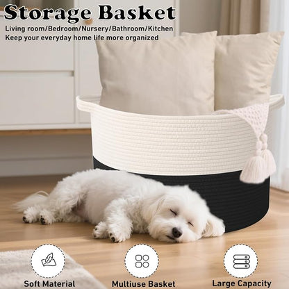 115L Extra Large Blanket Basket,Woven Rope Laundry Basket Hamper with Handles, Decorative Nursery Basket Storage Bin for Toys, Clothes Organizer, Living Room, Bedroom, Bathroom, White&Black