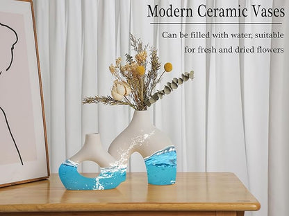 CEMABT White Ceramic Vase Set of 2 for Modern Minimalist Bohemian Decor，Round Matte Donut Vases for Pampas Grass-Perfect for Living Room, Dining Table, Office Bedroom Shelf Decor Entryway, Console