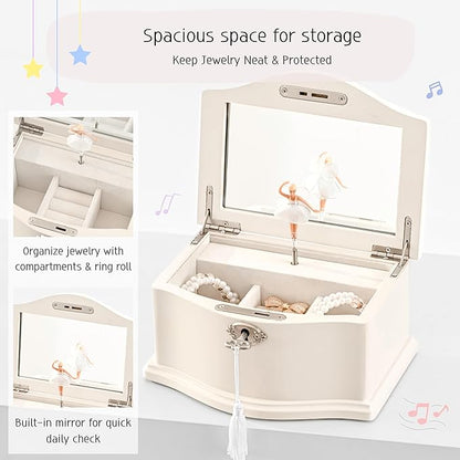 Wooden Musical Jewelry Box for girls with Mirror and Key Lock, Gift for Kids on Birthdays and Holidays (Pink, Small) (Beige, Medium)