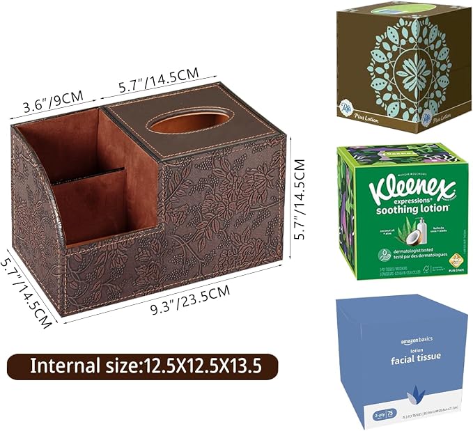 PU Leather Square Tissue Box Cover - Multi-Functional Tissue Box Holder, Tissue Box Cover with Storage,Tissue and Remote Control Holder, Cube Tissue Box Organizer Bedroom Nightstand End Table