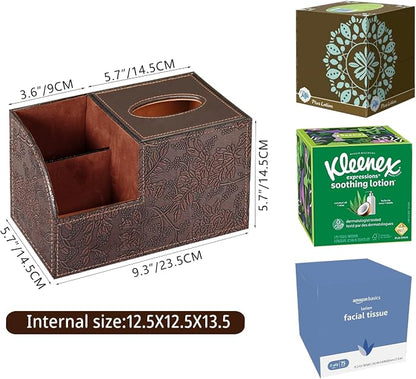 PU Leather Square Tissue Box Cover - Multi-Functional Tissue Box Holder, Tissue Box Cover with Storage,Tissue and Remote Control Holder, Cube Tissue Box Organizer Bedroom Nightstand End Table
