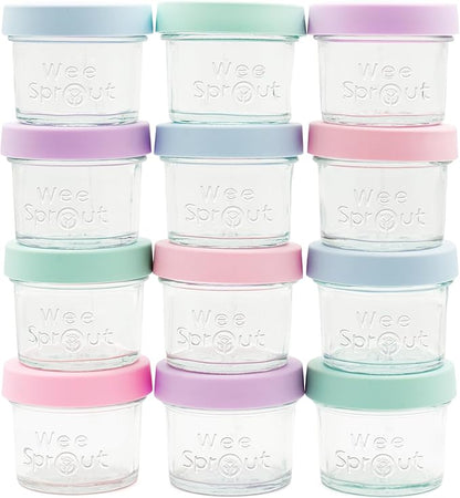 WeeSprout Glass Baby Food Storage Jars with Silicone Lids (4 oz, 12 Pack Set) Snack, Puree, Reusable Small Containers, Breast Milk, Fridge or Freezer, Essential Must Have for Infants