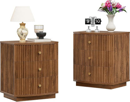 Dresser for Bedroom,3-Drawer Dresser, Mondern Wide Chest of Drawers with Fluted & Curved Design, Large Storage Chest for Bedroom, End Table for Living Rooms, （Walnut）