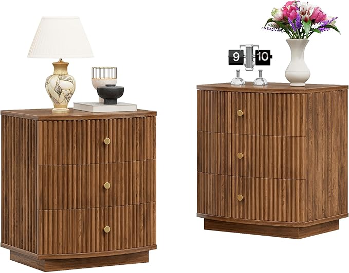 Dresser for Bedroom,6-Drawer Dresser, Mondern Wide Chest of Drawers with Fluted & Curved Design, Large Storage Chest for Bedroom, End Table for Living Rooms, （Walnut*2）