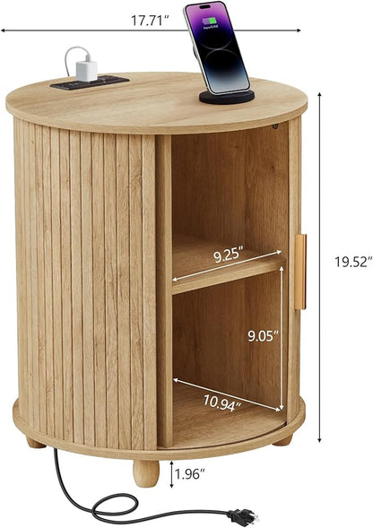 Fluted Round End Table with Charging Station, Farmhouse Small Sofa Side Table with Sliding Tambour Door & Storage, Mid-Century Wood Fulted Nightstands for Living Room, Bedroom ((Natural)