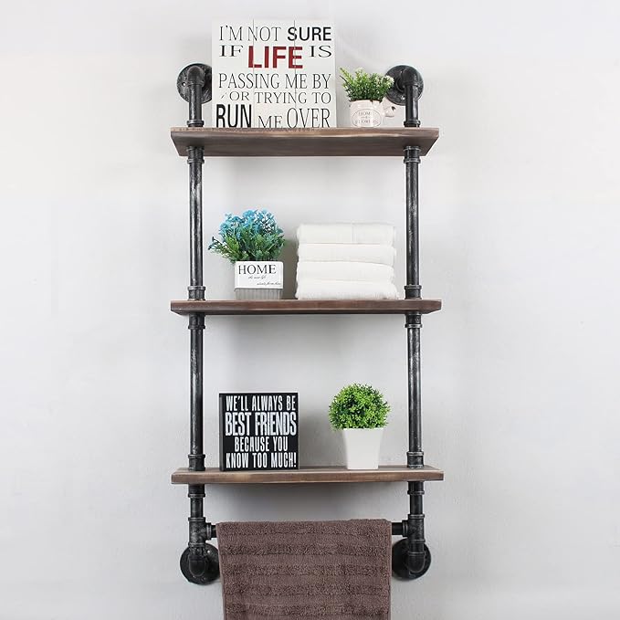 Industrial Pipe Shelf Bathroom Shelves Wall Mounted,19.6in Rustic Wood Shelf with Towel Bar,3 Tier Farmhouse Towel Rack Over Toilet,Pipe Shelving Floating Shelves Towel Holder,Retro Grey
