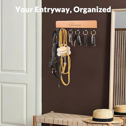 Wooden Key Holder with Metal Hooks,No Drill Adhesive & Screws, Wall Mount Entryway Organizer for Keys, Coats, Hats, Rustic Farmhouse Wall Decor for Hallway, Apartment (1, Natural)