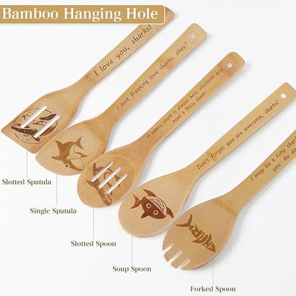5PCS Shark Wooden Cooking Spoons Kitchen Decor Shark Gifts for Women Men Shark Lovers Birthday Gifts Party Favors Housewarming Wedding Bamboo Cooking Spoons for Everyday Use