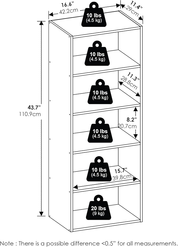 Furinno Basic Book Shelf, 5-Tier Bookshelf, Cube Storage Organizer Bookcase with Open Shelf, 11 x 17 x 44, for Living Room, Bedroom, Home Office, White