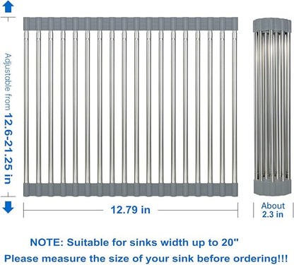 Expandable Large Draining Rack, Roll Up Heat-Resistant Dish Drainer for Stainless Steel Sinks, Collapsible Over The Sink Rack Non-Slip Silicone Rolling Up Rack 18 Tube