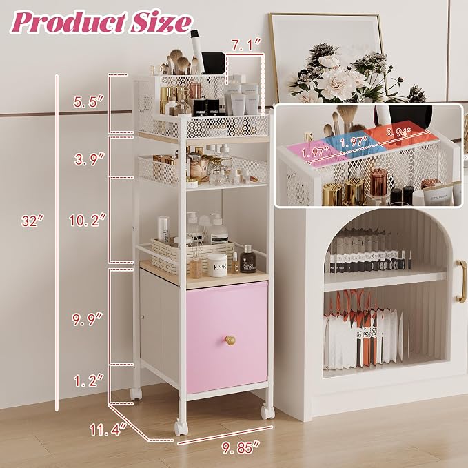 Floor Makeup Organizer Cart, Makeup and Skincare Organizer with Drawers, Bathroom Vanity Organizer, Cosmetics Display Cases Holder for Skin Care Nail Polish Perfume Makeup Brush (Pink)