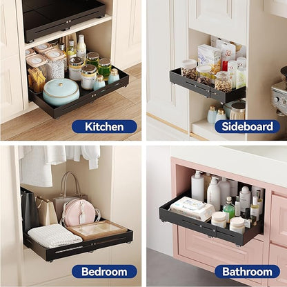 Pull out Cabinet Organizer, Full Metal Expandable Width (14.8"-20.8") & Depth (12.4"-17.7") Adjustable Slide out Drawers, No Drill Adhesive Roll out Shelves for Kitchen Pantry, Black