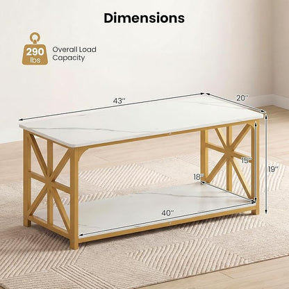 Giantex Farmhouse Coffee Table, 43" Faux Marble Center Table w/Storage & X-Shaped Frames, 2-Tier Modern Accent Cocktail Tea Table, Rectangular Wooden Living Room Tables for Small Spaces, Gold & White