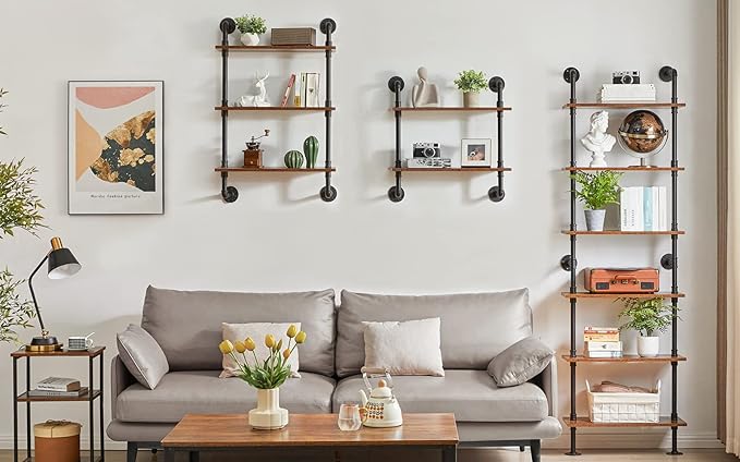 YMYNY Industrial Pipe Ladder Shelf, 6-Tier Wall Mounted Bookcase with Metal Frame, 78.7" Open Bookshelf, Multifunctional Storage Rack for Home Office, Living Room, Plant Stand, Rustic Brown, RF-TM018