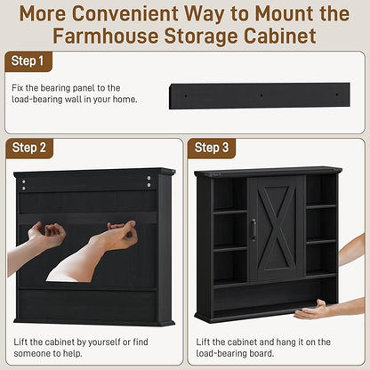 Bathroom Wall Cabinet, Farmhouse Medicine Cabinet with Adjustable Shelves and Barn Doors, Large Wall Mounted Over The Toilet Storage Cabinet for Bathroom, Laundry Room, Kitchen, Rustic Black