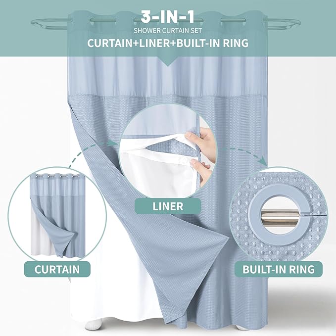 FrostBlue No Hook Waffle Weave Shower Curtain with snap-in Liner Replacement, 230GSM Waterproof Fabric Hotel Shower Curtain Set for Bathroom, Through Mesh Top Window,71Wx74H