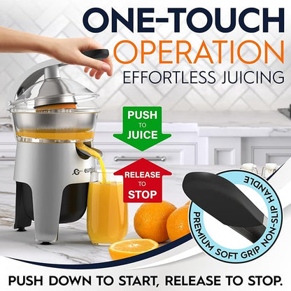 Eurolux Die Cast Stainless Steel Electric Citrus Juicer Squeezer, for Orange, Lemon, Grapefruit | 300 Watts of Power, With 2 Stainless Steel Filter Sizes for Pulp Control