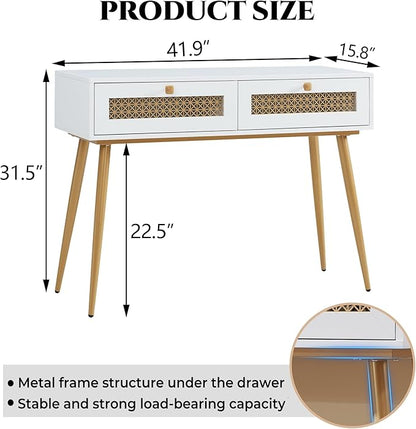 Mid-Century Style Entryway Table, Console Table with Two Drawers, Narrow Sofa Table for Living Room, Hallway, Rectangular, White