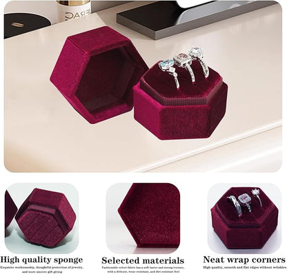 Wedding Ring Box 3 Slots - Hexagon Velvet Ring Box, Detachable Lid Three Slots Jewelry Ring Gift Box, Gorgeous Vintage Premium Ring Bearer Boxes for Proposal Engagement