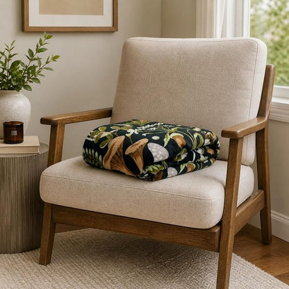 Serafina Home Mushroom Fleece Throw Blanket: Floral Forest Black Brown Beige and White, 50" x 70"