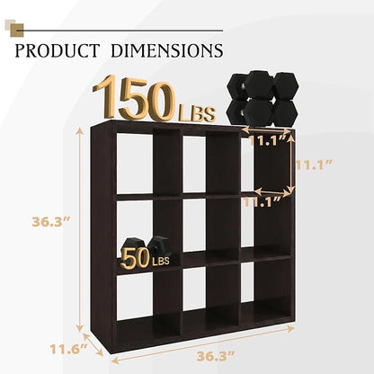 WannabeMyself【2026 Wooden Thick Frame】 9 Cube Storage Organizer with Anti-Tipping Kits, Reversible Open Back Book Shelf,Bookcase for Living Room,Bedroom,Entrance Hall,Office,11.6×36.3×36.3,Chocolate