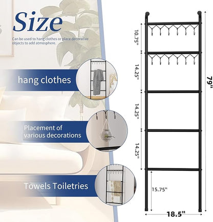 Simple Trending Blanket Ladder，5 Tier Metal Towel Rack with 12 Hooks, 79'' Metal Style Decorative Ladder for The Living Room Bedroom Bathroom Home Decor, Black