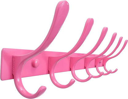SKOLOO Coat Rack Wall Mounted - 6 Hooks, Heavy Duty, Stainless Steel, Metal Wall Hangers, Sturdy Coat Hooks for Hanging Coats, Jacket, Clothes, Hat, Pink