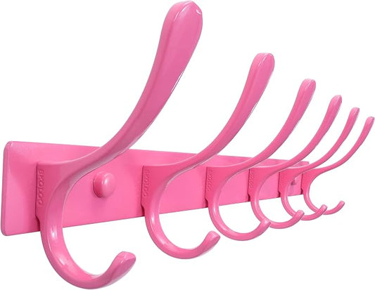 SKOLOO Coat Rack Wall Mounted - 6 Hooks, Heavy Duty, Stainless Steel, Metal Wall Hangers, Sturdy Coat Hooks for Hanging Coats, Jacket, Clothes, Hat, Pink