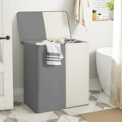 WOWLIVE Double Laundry Baseket with Lid and Removable Laundry Bags,154L Large Laundry Hamper 2 Section Collapsible Dirty Clothes Hamper for Laundry Room,College Dorm,Bathroom,Grey and Beige