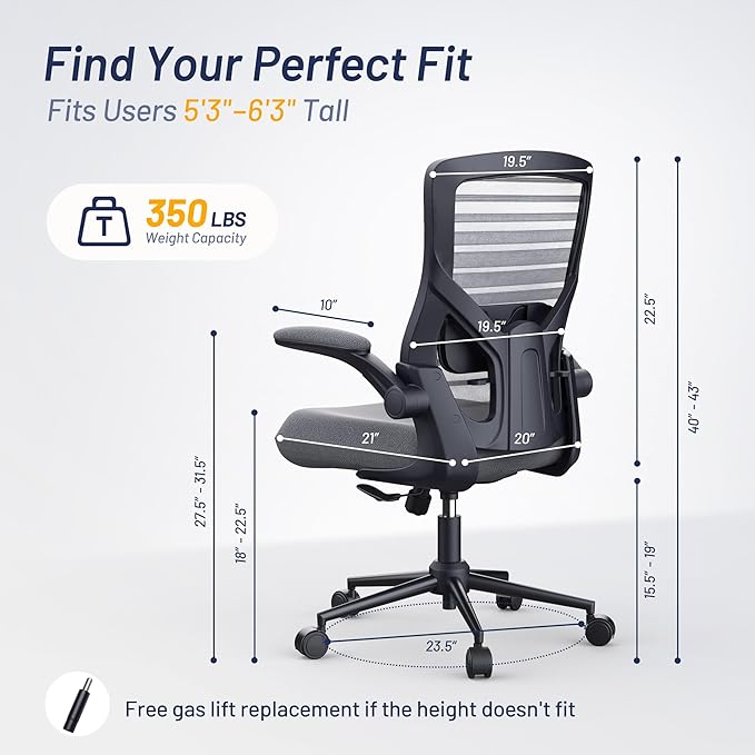 Office Desk Chair for Long Hours & Lower Back Pain Relief – 4“ Thick Molded Foam Cushion, Enhanced Lumbar Support, Padded Flip-up Armrests, New Year Workspace Upgrade, Dark Gray