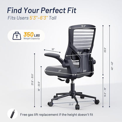 Office Desk Chair for Long Hours & Lower Back Pain Relief – 4“ Thick Molded Foam Cushion, Enhanced Lumbar Support, Padded Flip-up Armrests, New Year Workspace Upgrade, Dark Gray