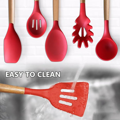 IOCBYHZ Kitchen Cooking Utensils Set 6Pcs Heat Resistant Silicone Kitchen Utensils Spatula Spoon Turner Ladle w Wooden Handle, BPA FREE Silicone Cooking Tool Gadget Set for Nonstick Cookware & Baking