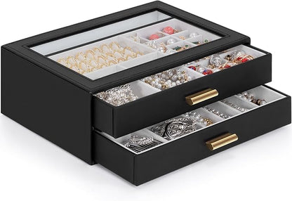 AKOZLIN Jewelry Box with Clear Lid Functional Leather Jewelry Storage Organizer Case 2 Drawers for Women Girls Necklace Ring Bracelet Earring