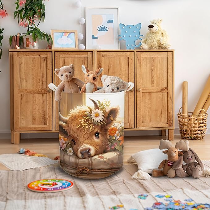 Highland Cow Laundry Basket, Farmhouse Floral Western Cow Waterproof Collapsible Laundry Hamper Dirty Clothes Storage Toy Bin Organizer for Nursery Girls Kids Room Bathroom Bedroom