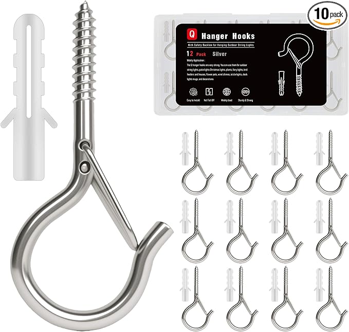 12 Pack Silver Screw Hooks with Safety Buckle - 2.3 Inch Rustproof Eye Ceiling Hooks for Hanging Plants,Outdoor String Lights,Baskets,Christmas Lights & Decor,40lb Capacity (12, Silver)