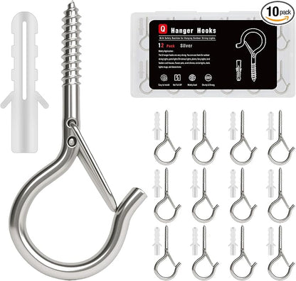 12 Pack Silver Screw Hooks with Safety Buckle - 2.3 Inch Rustproof Eye Ceiling Hooks for Hanging Plants,Outdoor String Lights,Baskets,Christmas Lights & Decor,40lb Capacity (12, Silver)