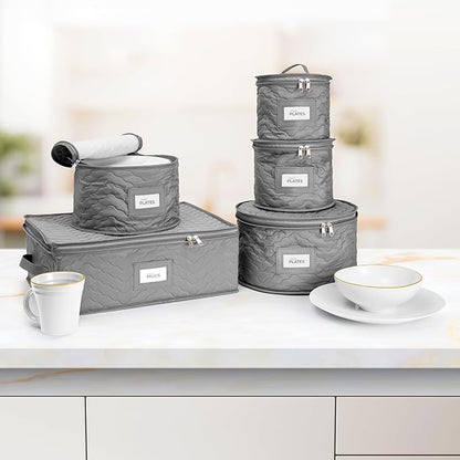 Sorbus China Storage Containers - 5 Pc Quilted Set for Moving & Transporting Dinnerware, Dishes, Round Plates, Glassware, Cups & Mugs with Felt Plate Protectors - Fine China Glass, Plate Storage Cases