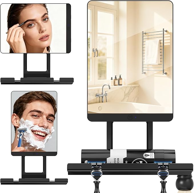 Heated Fogless Shower Mirror for Shaving, 5000mAh Long-Lasting Anti-Fog Shower Mirror with 360° Rotating Design & Razor Holder, Fog-Free Shaving Mirror for Men (Black)