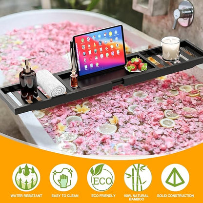 Bathtub Tray Black - Bath Tray Expandable - Bath Table Trays for Bathtub/Tub,Premium Bamboo Wooden, Fits Most Bath Tubs