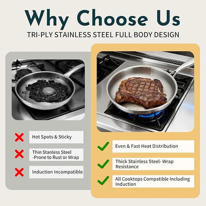 3 Ply Stainless Steel Cookware Set, AIVIKI 10-Pieces Pots and Pans Set, Induction Kitchen Cookware Set, Oven Safe to 500℉, Chef Quality Cooking Set w/Fry Pans, Saucepans, Dutch Oven, Kitchen Essential