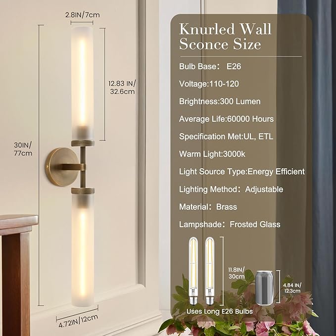 30" 2 Lights Hardwired Frosted Glass Bathroom Wall Sconces, Handmade Knurled Brass Wall Light Fixture,Modern Vanity Light for Living Room,Hallway, Bedroom, Indoor Wall Lamp, Bulb Included