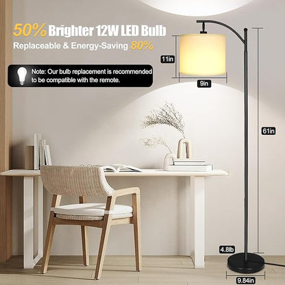LED Floor Lamps for Living Room, 12W Modern Arc Floor Lamp with Remote & Adjustable Linen Lampshade, Stepless Dimmable Tall Standing Lamp for Bedroom Office Reading (White Shade)