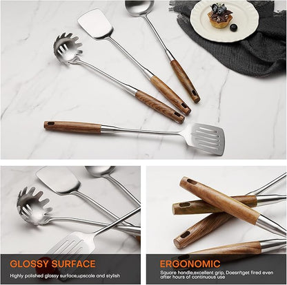 6 Pcs Cooking Utensils Set 304 Stainlss Steel Kitchen Utensils Set Heat Resistant Wooden Handle Kitchen Tools Metal Kitchen Utensil Soup Ladle Set, Dishwasher Safe