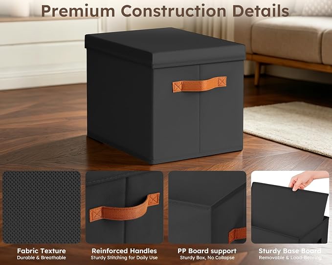 Homsorout Storage Bins with Lids - Fabric Storage Baskets for Shelves, 6 Pack Foldable Decorative Boxes with Handles, Stackable Organizer Bins for Home, Nursery, Dorm, Black