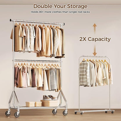 HYSEYY Heavy Duty Clothes Rack, Double Rod Clothing Rack for Hanging Clothes, Rolling Garment Rack, Adjustable Freestanding Wardrobe Closet Coat Rack for Bedroom Laundry Living Room, Silver