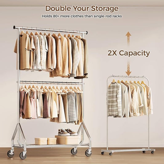 HYSEYY Heavy Duty Clothes Rack, Double Rod Clothing Rack for Hanging Clothes, Rolling Garment Rack, Adjustable Freestanding Wardrobe Closet Coat Rack for Bedroom Laundry Living Room, Silver