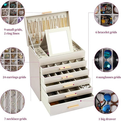 BOOVO Jewelry Box for Women, Gold 6 Layer Large Jewelry Organizer with Glass Lid for Necklace, Bracelet, Earrings, Rings Storage, Jewelry Organizers and Storage for Girls Gift (Champagne, 6 layer)